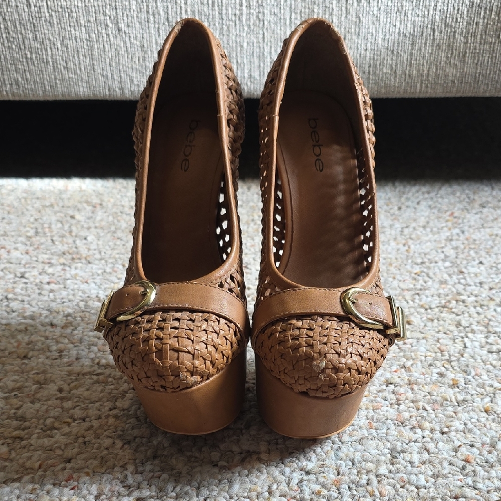 Bebe Tan Woven Platform Heels